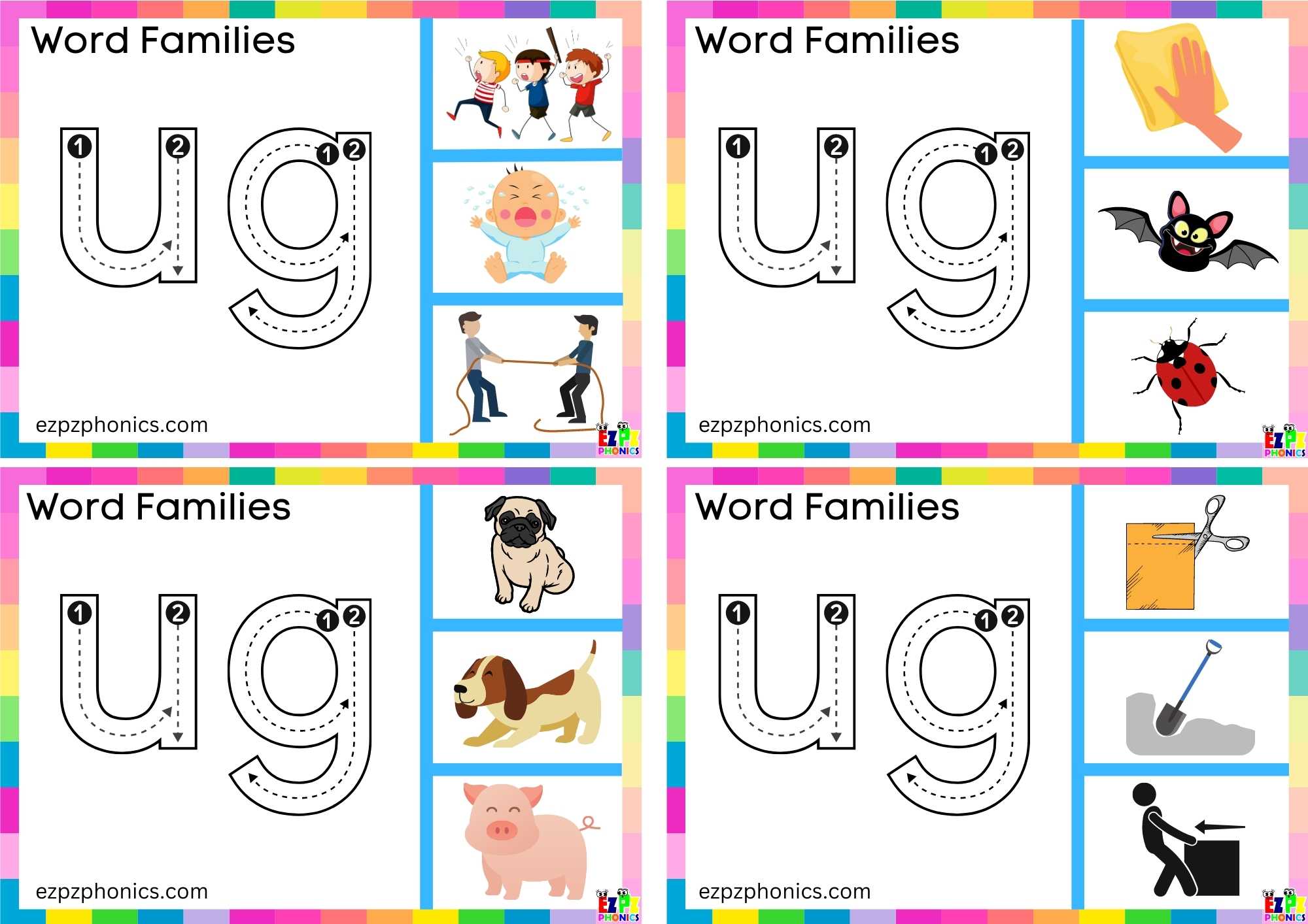 Trace the letters and clip the image Clip cards for word family ug group 2